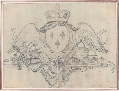 Kongen af Frankrigs våben med vinger og videnskabelige instrumenter (grafit, indridset til overførsel på lagt papir; lagt ned) af Hubert Francois Gravelot