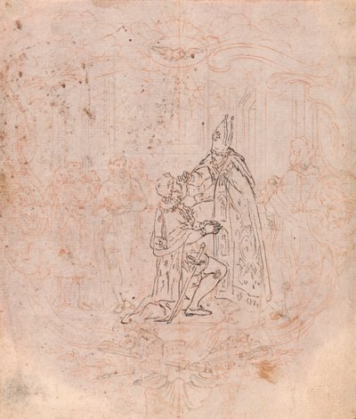Design til en frontispice: En biskop, der tildeler en ære, scene i en kartouche af Hubert Francois Gravelot