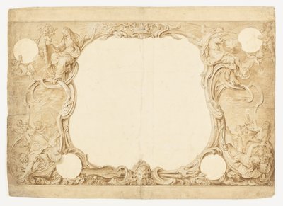 Design til en prydgrænse, brugt til omgivelserne til den generelle oversigt i John Pines gobelin af Hubert Francois Gravelot