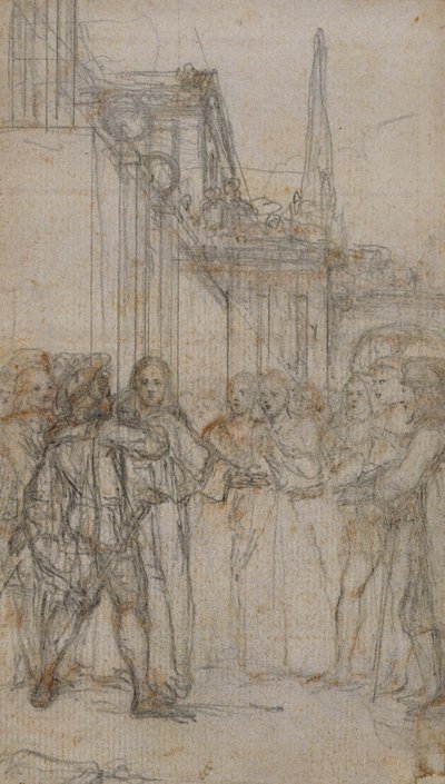 Litterær illustration: Mand med sværd konfronterer en gruppe af figurer før bygning af Hubert Francois Gravelot