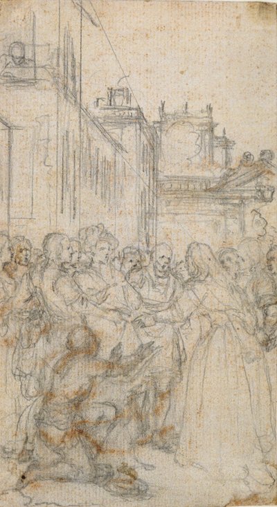 Litterær illustration med en gruppe af figurer, der bønfalder mennesket af Hubert Francois Gravelot