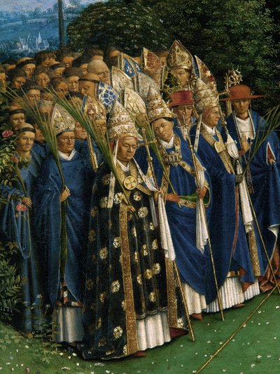 Detalje af tilbedelsen af det mystiske lam, fra Gent-altertavlen, nederste halvdel af midterpanelet af Hubert & Jan van (1390 1441) Eyck
