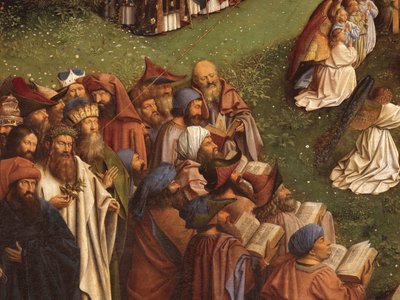 Detalje af tilbedelsen af det mystiske lam, fra midterpanelet på Gent-altertavlen (olie på panel) af Hubert & Jan van (1390 1441) Eyck