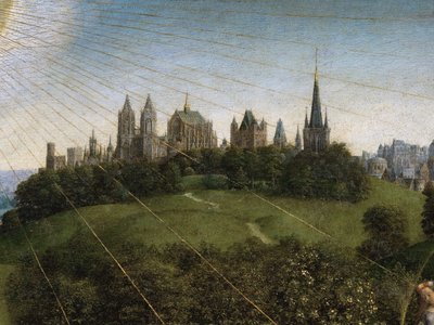 Detalje af tilbedelsen af det mystiske lam, fra midterpanelet på Gent-altertavlen (olie på panel) af Hubert & Jan van (1390 1441) Eyck