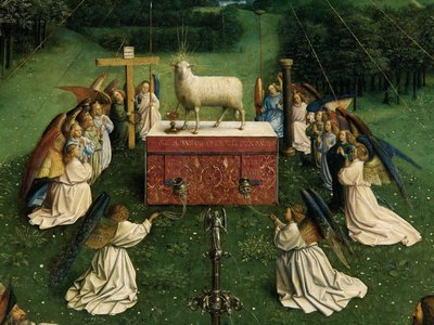 Tilbedelsen af det mystiske lam, fra Gent-altertavlen, detalje af den nederste halvdel af midterpanelet af Hubert & Jan van (1390 1441) Eyck