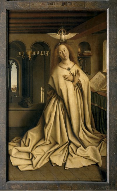 Englen Gabriel giver beskeden til Maria, detalje fra Gent-altertavlen, lukket (olie på panel) af Hubert & Jan van (1390 1441) Eyck