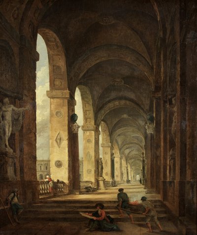 En Capriccio af romersk arkitektur, ca. 1775 (olie på lærred) af Hubert Robert