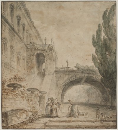 Et palads med en buet bro En romersk villa, 1760. af Hubert Robert