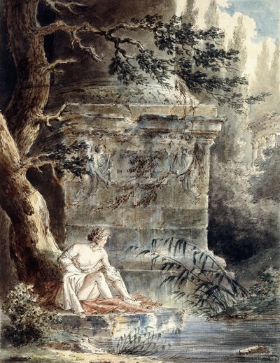 En ung badende nær en søjle, af Hubert Robert