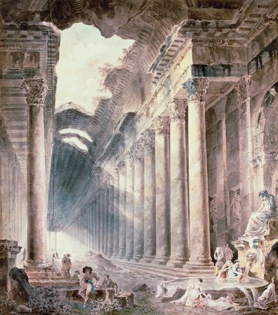 En termisk bygning med søjler, taget delvist åbent mod himlen, med piger, der vasker tøj (akvarel, blyant, blæk) af Hubert Robert