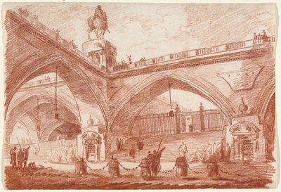 Arkitektonisk fantasi med en triumfbro af Hubert Robert