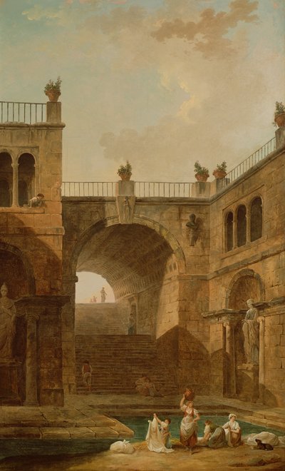 Arkitektonisk scene med kvinder, der vasker tøj ved en pool af Hubert Robert