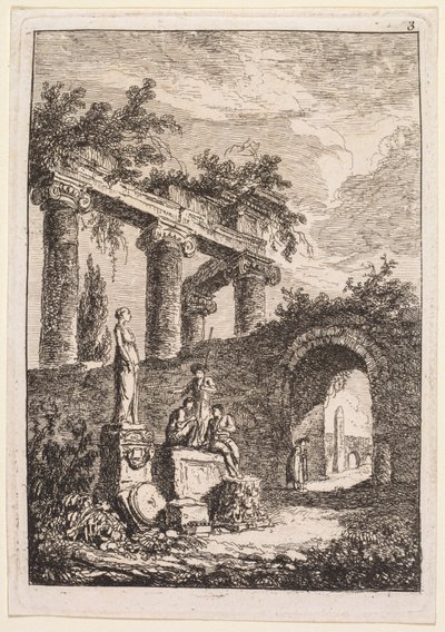 Aftener i Rom: Statuen foran ruiner af Hubert Robert