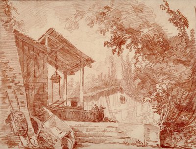 Gårdsplads med to personer ved en brønd og en stor trillebør i forgrunden af Hubert Robert