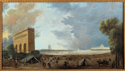 Fransk revolution: ""Fete de la Federation Nationale fejret på Champ de mars i Paris den 14. juli 1790"" Maleri af Hubert Robert (1733-1808). 1790 søn. 0,52x0,96m af Hubert Robert