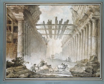 Flok i ruinerne af et tegnetempel (olie på lærred) af Hubert Robert