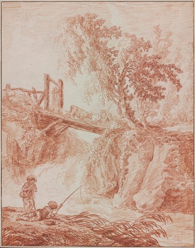 Hyrder krydser et vandfald af Hubert Robert