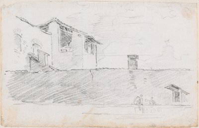 Husplader bag en væg af Hubert Robert