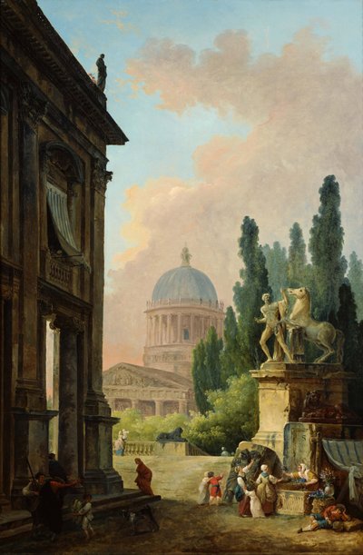 Imaginær udsigt over Rom med hestetæmmeren fra Monte Cavallo af Hubert Robert