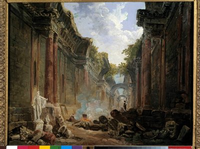 Fantasifuld udsigt over Grande Galerie du Louvre i ruiner Maleri af Hubert Robert (1733-1808) 1700-tallet søn. 0,32x0,4 m. af Hubert Robert