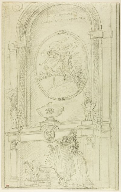 Interiør med et par foran et skorstensstykke af Hubert Robert