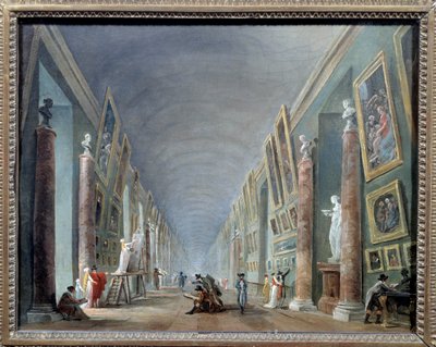 La grande galerie du Louvre mellem 1801 og 1805 Maleri af Hubert Robert (1733-1808) Søn. 0,37 x 0,46 Musee du Louvre, Paris - Louvres store sal mellem 1801 og 1805. Maleri af Hubert Robert (1733-1808), 0,37 x 0,46. Louvre-museet i Paris af Hubert Robert