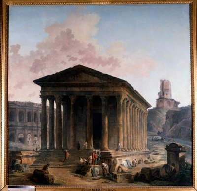 The square house, the arenas and the Magne tower and Nimes Painting by Hubert Robertdani af Hubert Robert