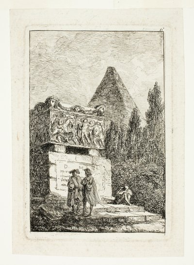 Landskab med pyramide og sarkofag, plade seks fra Les Soirées de Rome af Hubert Robert