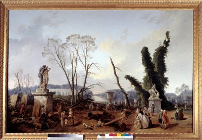 Le Carpet Vert på tidspunktet for fældningen af træer i vinteren 1774-1775 i Versailles haver (i forgrunden kong Louis XVI og dronning Marie-Antoinette). Det grønne tæppe kaldes også den kongelige allee. Maleri af Hubert Robert (1733-1808 af Hubert Robert