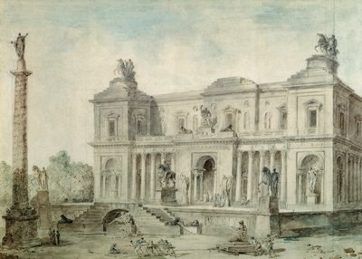 Le Musée des Antiques, ca. 1800 (kridt, pen og blæk og wc på papir) af Hubert Robert