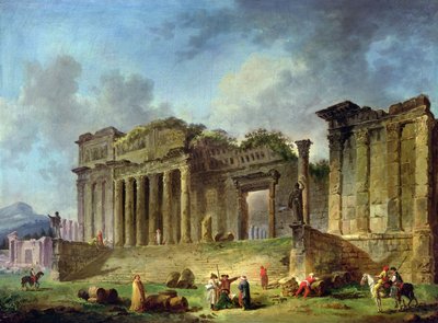 Mand tegner ruinerne af et klassisk tempel (olie på lærred) af Hubert Robert