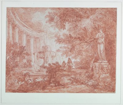 Park med springvand og statue af Hubert Robert