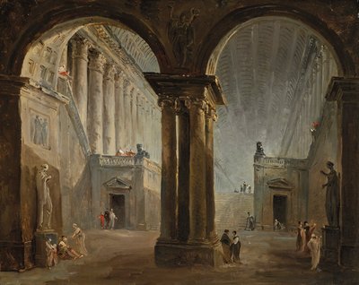 Mennesker i et antikvitetsgalleri af Hubert Robert