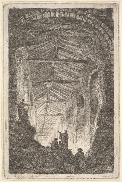 Plade 10: The Ancient Gallery: et stort overdækket galleri, der kommer lys ind fra bag... ca. 1763-64. af Hubert Robert