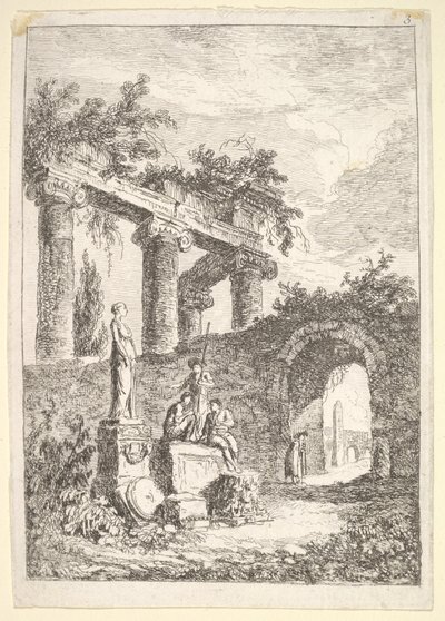 Plade 3: Statuen før ruinerne: en statue til venstre ved siden af tre figurer på en p..., ca. 1763-64. af Hubert Robert