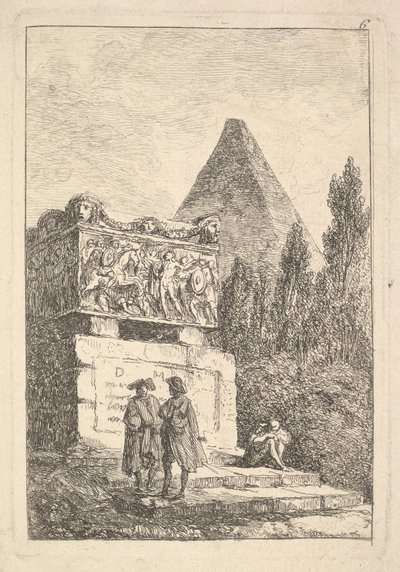 Plade 6: Sarkofagen: to mænd i samtale til venstre, en anden mand siddende og sovende..., ca. 1763-64. af Hubert Robert