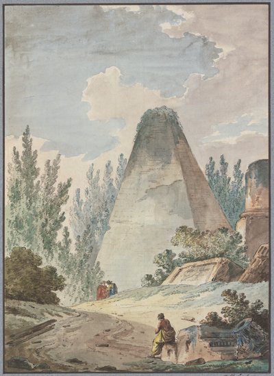 Pyramide med afbrækket spids i et antikt ruinlandskab af Hubert Robert