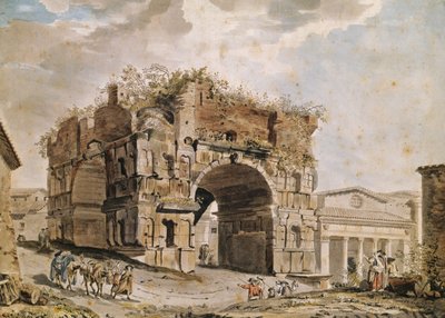 Romerske ruiner (pen & blæk og wc på papir) af Hubert Robert