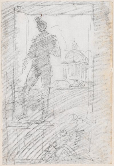 Statue af en nøgen foran et vindue af Hubert Robert