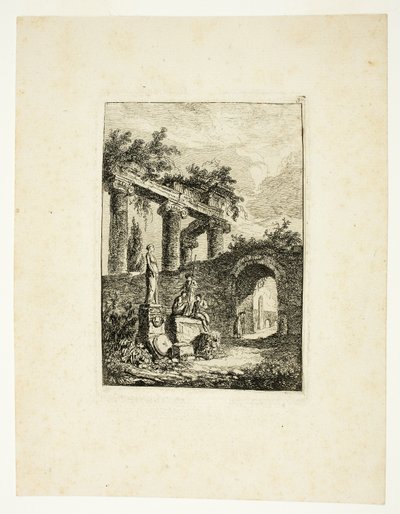 Statuen foran ruinerne, planche tre fra Les Soirées de Rome af Hubert Robert