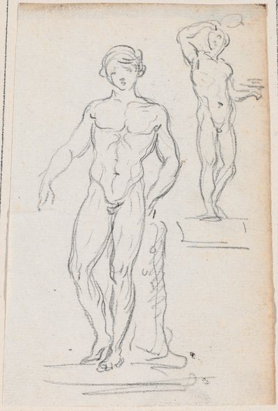 To statuer af mandlige nøgenbilleder af Hubert Robert