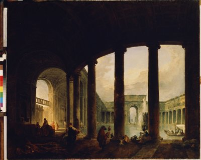 ""En pool omgivet af en søjlegang"" (Pool omgivet af en søjlegang (Villa Giulia?)) Dette kan være Villa Giulia i Rom. Maleri af Hubert Robert (1733-1808) Eremitagemuseet Sankt Petersborg af Hubert Robert