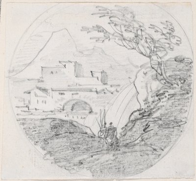 Udsigt fra en højderyg til en landsby og det fjerne bjerg af Hubert Robert