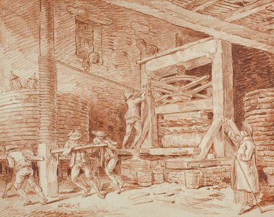 Vinpresse, ca. 1759 (rødt kridt på gulfarvet papir, lagt ned på cremefarvet karton) af Hubert Robert
