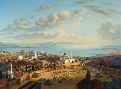 ""Udsigt over Konstantinopel fra Serasker-tårnet (Bayezid eller Seraskier)"" (Konstantinopel fra Ildtårnet i Beyazit) Maleri af Hubert Sattler (1817-1904) Olie på lærred, 74x101,5 - Privat samling af Hubert Sattler