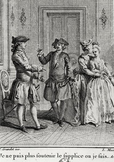 Jeg kan ikke tåle pinslerne her mere, hvor jeg er, illustration til Eugenie af Beaumarchais, indgraveret af Louis Joseph Masquelier (1741-1811) af Hubert after Gravelot