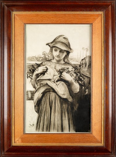 En pige med blomster (ætsning med tørnål) af Hubert von Herkomer