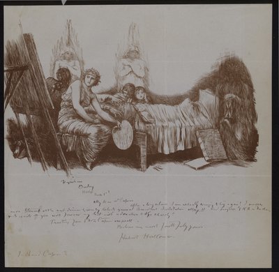Scene af en dødsleje med børn og allegorcielle figurer inklusive og kunstner med staffeli af Hubert von Herkomer