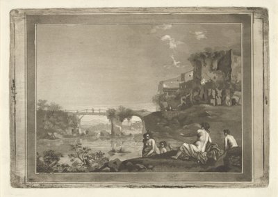 Landskab med badenymfer af Hubertus van Hove