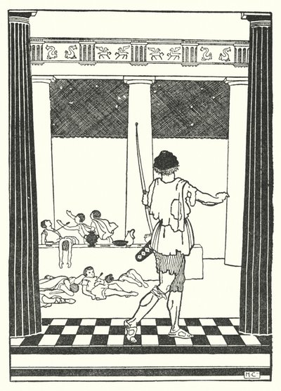 Odysseus dræber Penelopes bejlere (litografi) af Hugh Chesterman